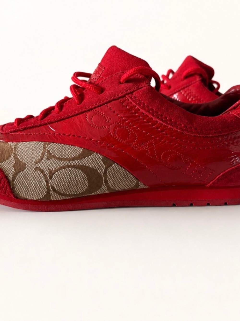 Coach Kodie Siignature Red Suede and Patent Leather Sneakers Size 8,5 M - Picture 2 of 7